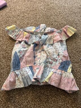 Abercrombie & Fitch Patchwork Off-Shoulder Top in Pink, Blue, Yellow